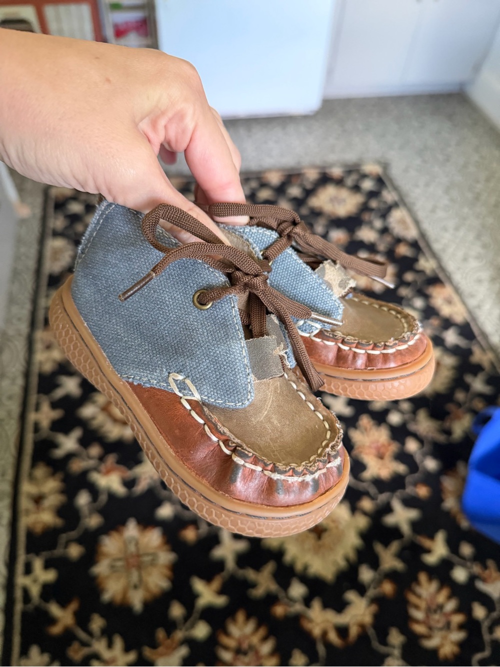 Kids Two-Tone Brown and Gray Leather Canvas Moccasin Shoe